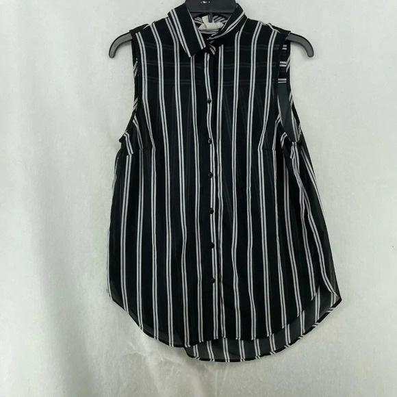 H&M Blouse Women's Sz 6 Black White Striped Sheer Unlined Collared Sleeveless - Picture 1 of 11